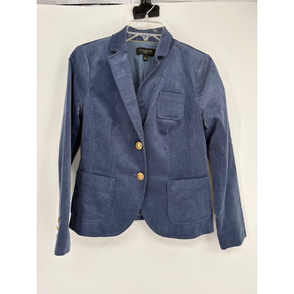 Talbots Blazer Womens 4P Blue Corduroy Two Button Gold Crest Button Professional